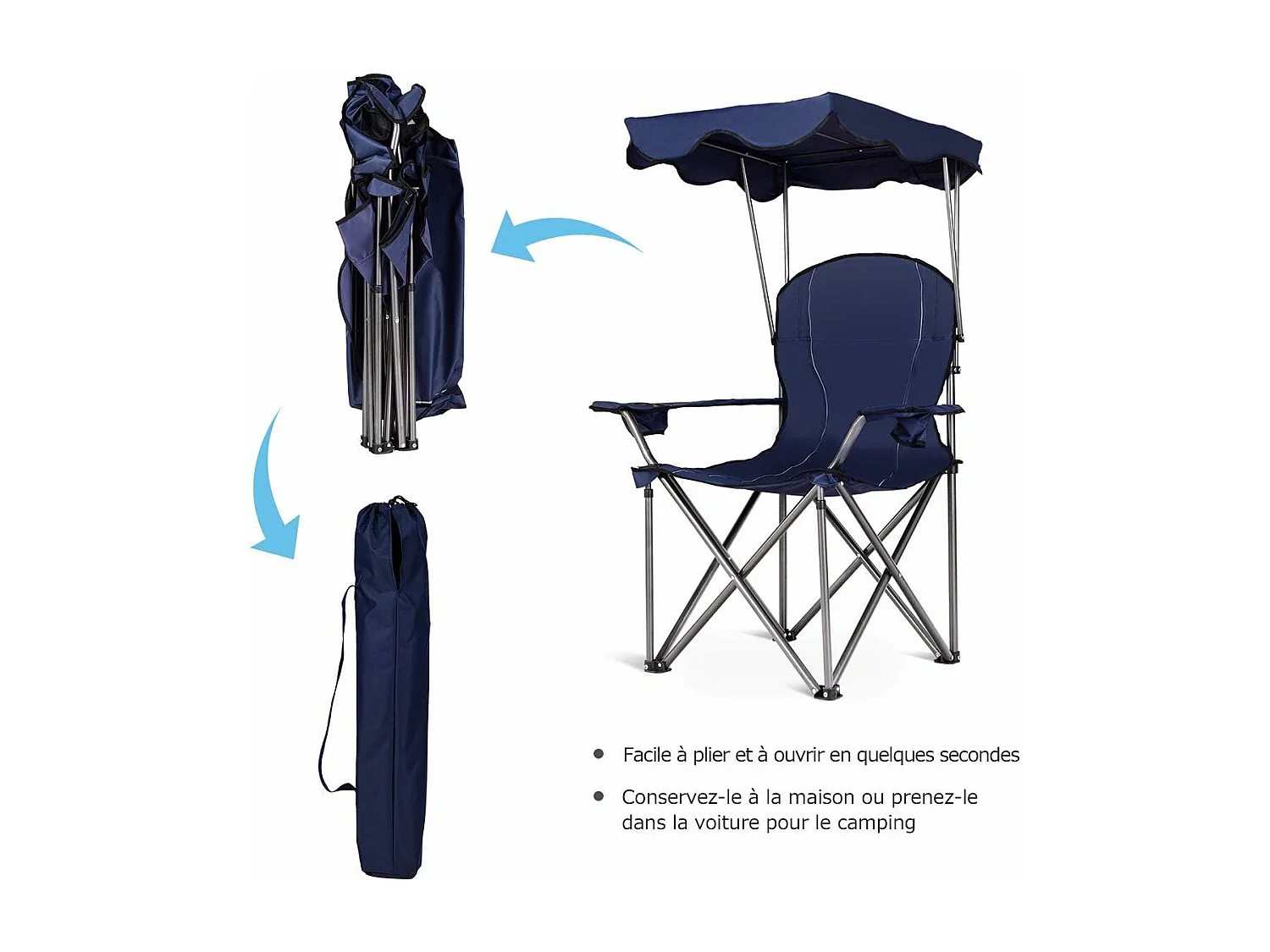 Chaise de Camping avec Parasol/Chaise de Plage Pliante avec Porte-gobelet,Accoudoirs Portable 120 KG (Bleu)