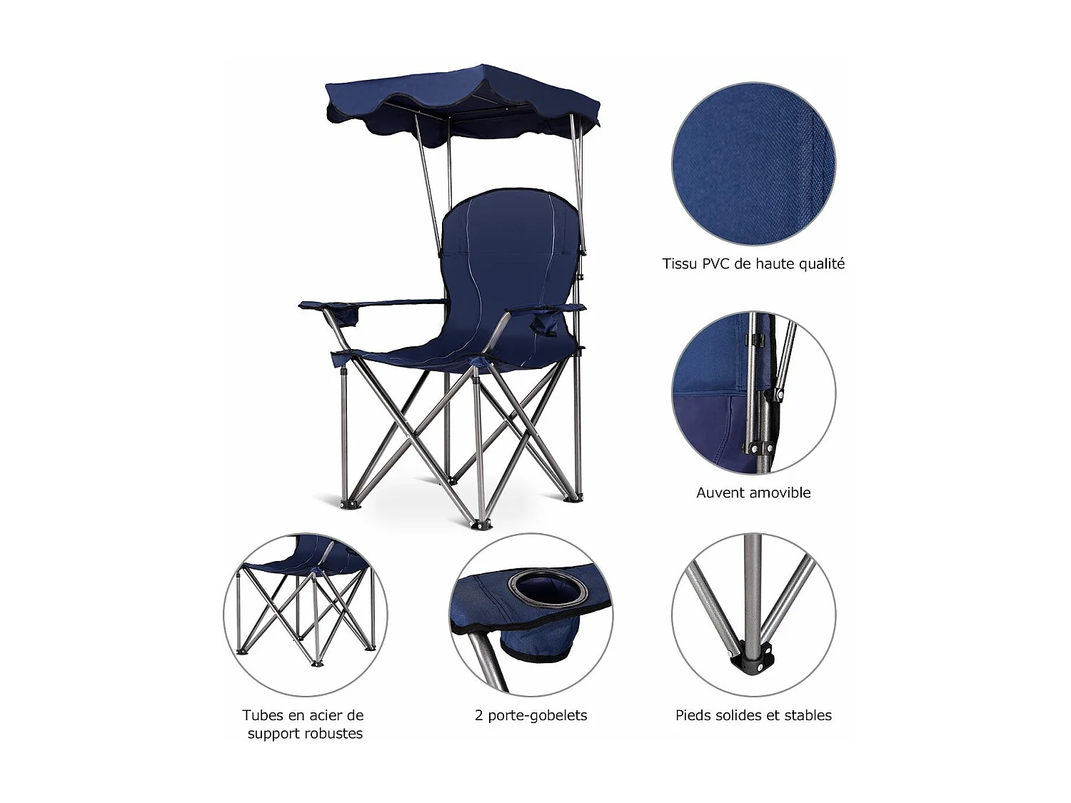 Chaise de Camping avec Parasol/Chaise de Plage Pliante avec Porte-gobelet,Accoudoirs Portable 120 KG (Bleu)