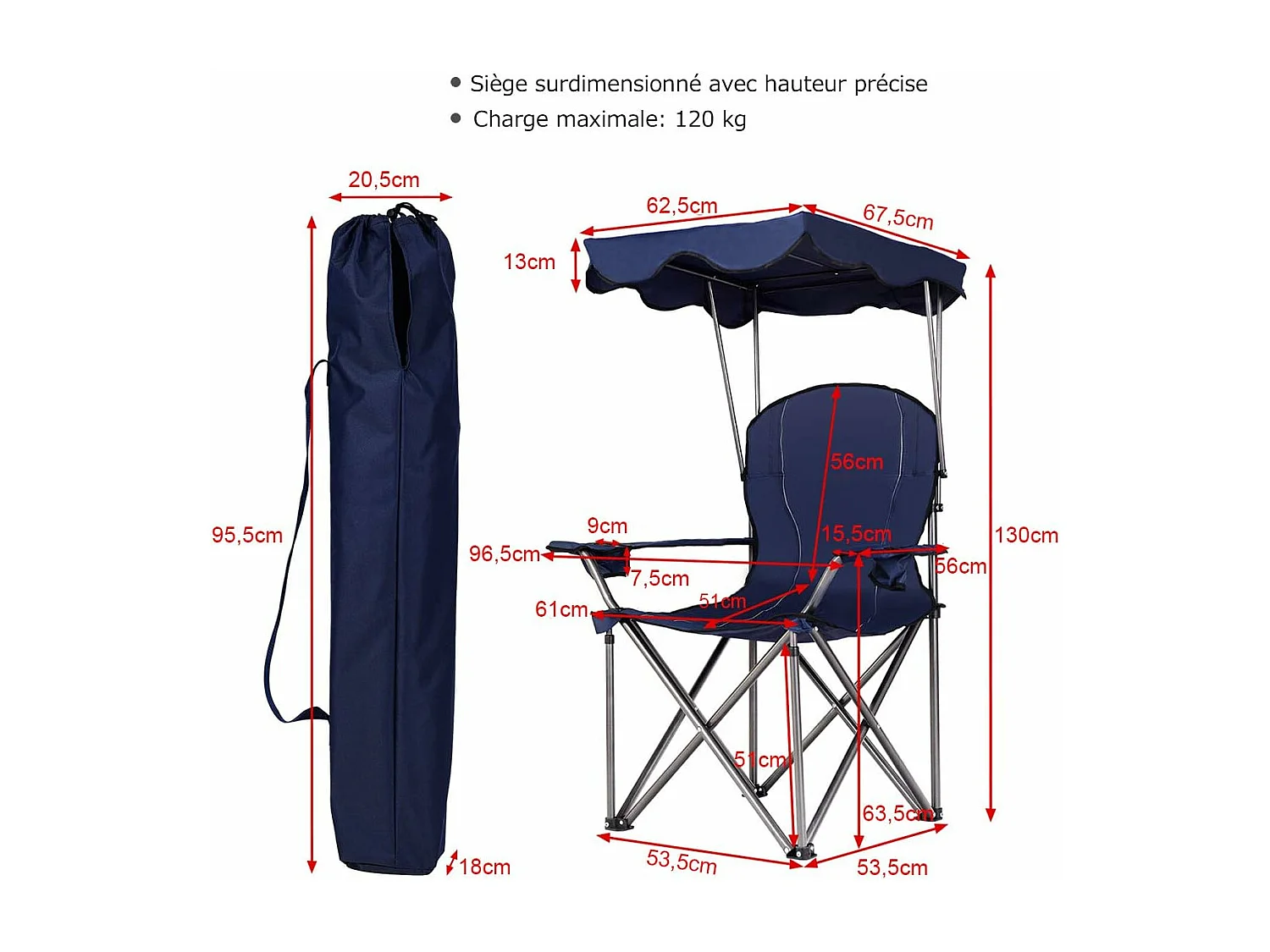 Chaise de Camping avec Parasol/Chaise de Plage Pliante avec Porte-gobelet,Accoudoirs Portable 120 KG (Bleu)