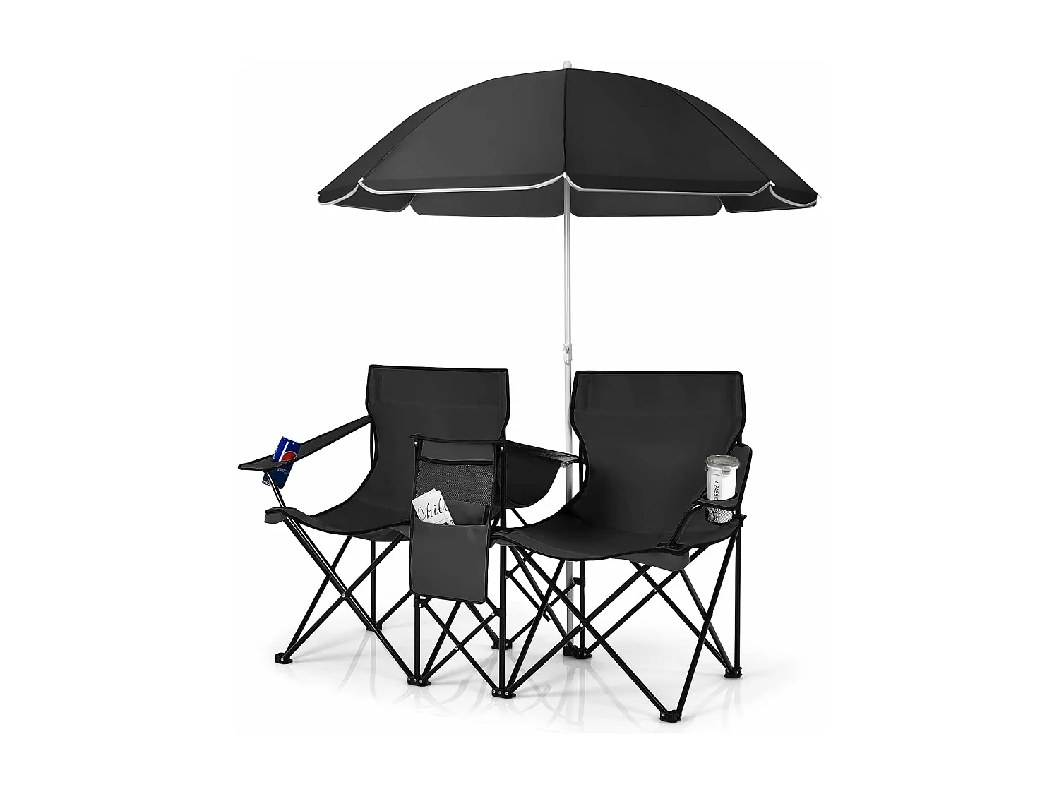 Chaise de Camping Pliante, Fauteuil de Jardin 2 Places avec Glacière, Porte-gobelet, Parasol, Sac,152x52x85CM, Charge Max 113 KG, pour Randonnée, Plage, Pêche (Noir)