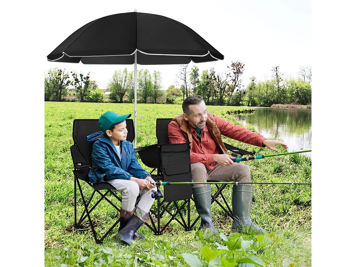 Chaise de Camping Pliante, Fauteuil de Jardin 2 Places avec Glacière, Porte-gobelet, Parasol, Sac,152x52x85CM, Charge Max 113 KG, pour Randonnée, Plage, Pêche (Noir)