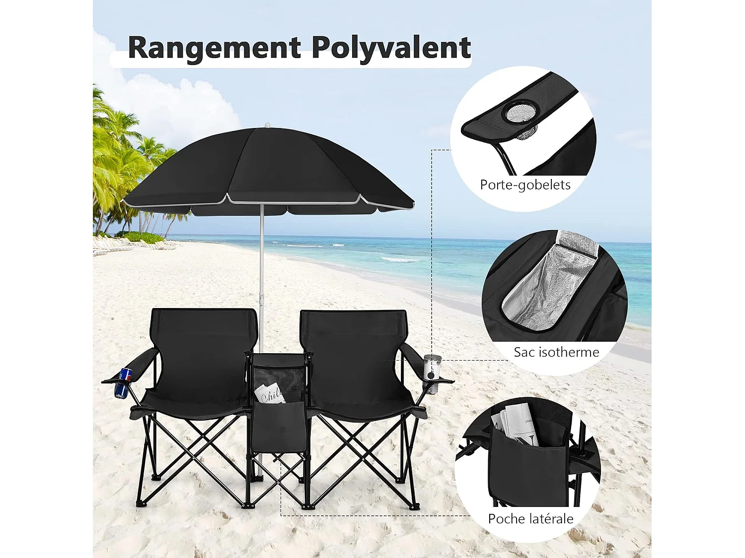 Chaise de Camping Pliante, Fauteuil de Jardin 2 Places avec Glacière, Porte-gobelet, Parasol, Sac,152x52x85CM, Charge Max 113 KG, pour Randonnée, Plage, Pêche (Noir)