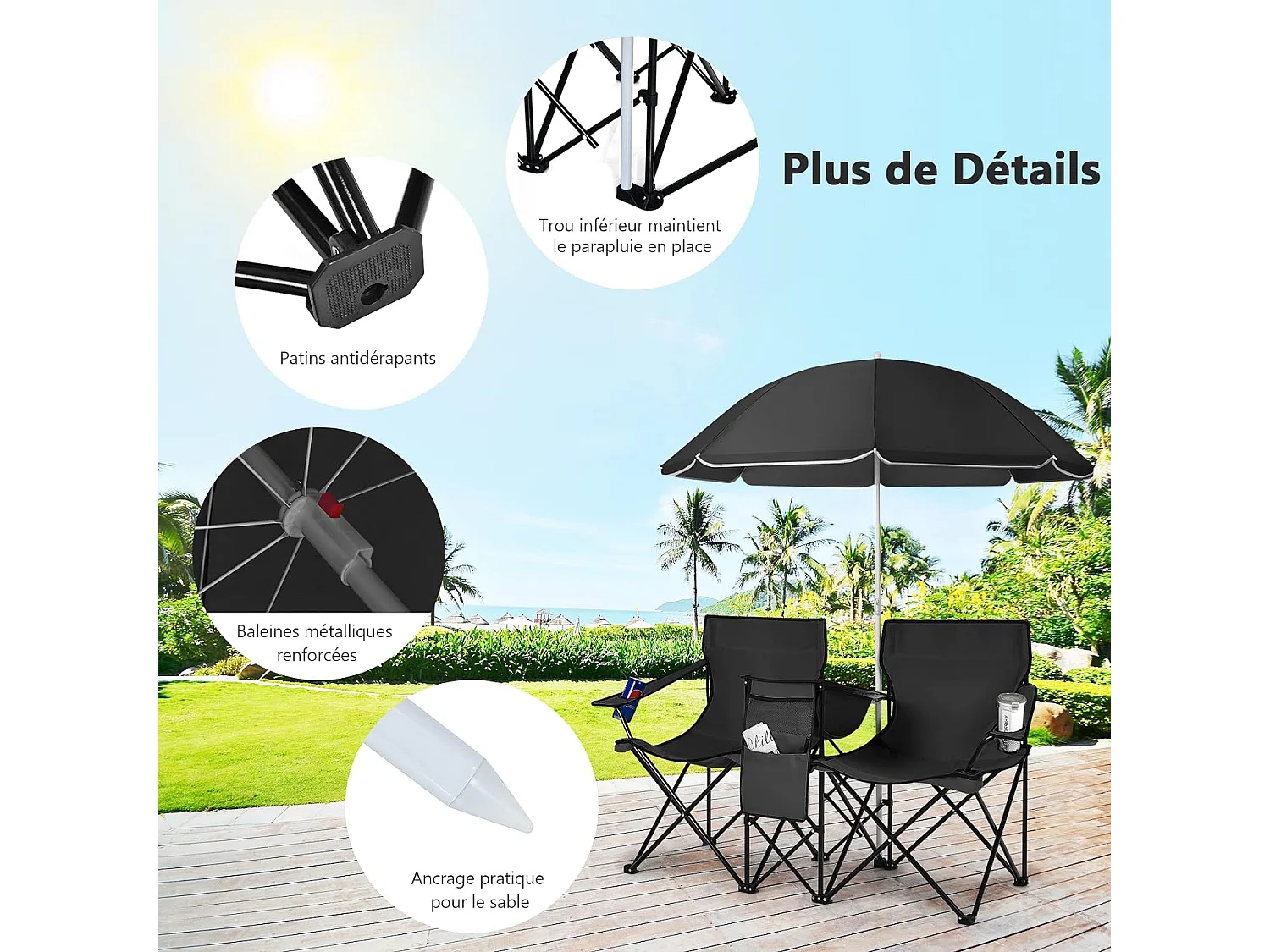 Chaise de Camping Pliante, Fauteuil de Jardin 2 Places avec Glacière, Porte-gobelet, Parasol, Sac,152x52x85CM, Charge Max 113 KG, pour Randonnée, Plage, Pêche (Noir)