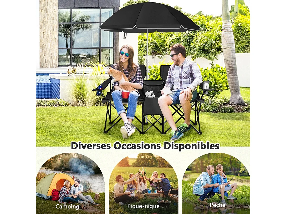 Chaise de Camping Pliante, Fauteuil de Jardin 2 Places avec Glacière, Porte-gobelet, Parasol, Sac,152x52x85CM, Charge Max 113 KG, pour Randonnée, Plage, Pêche (Noir)