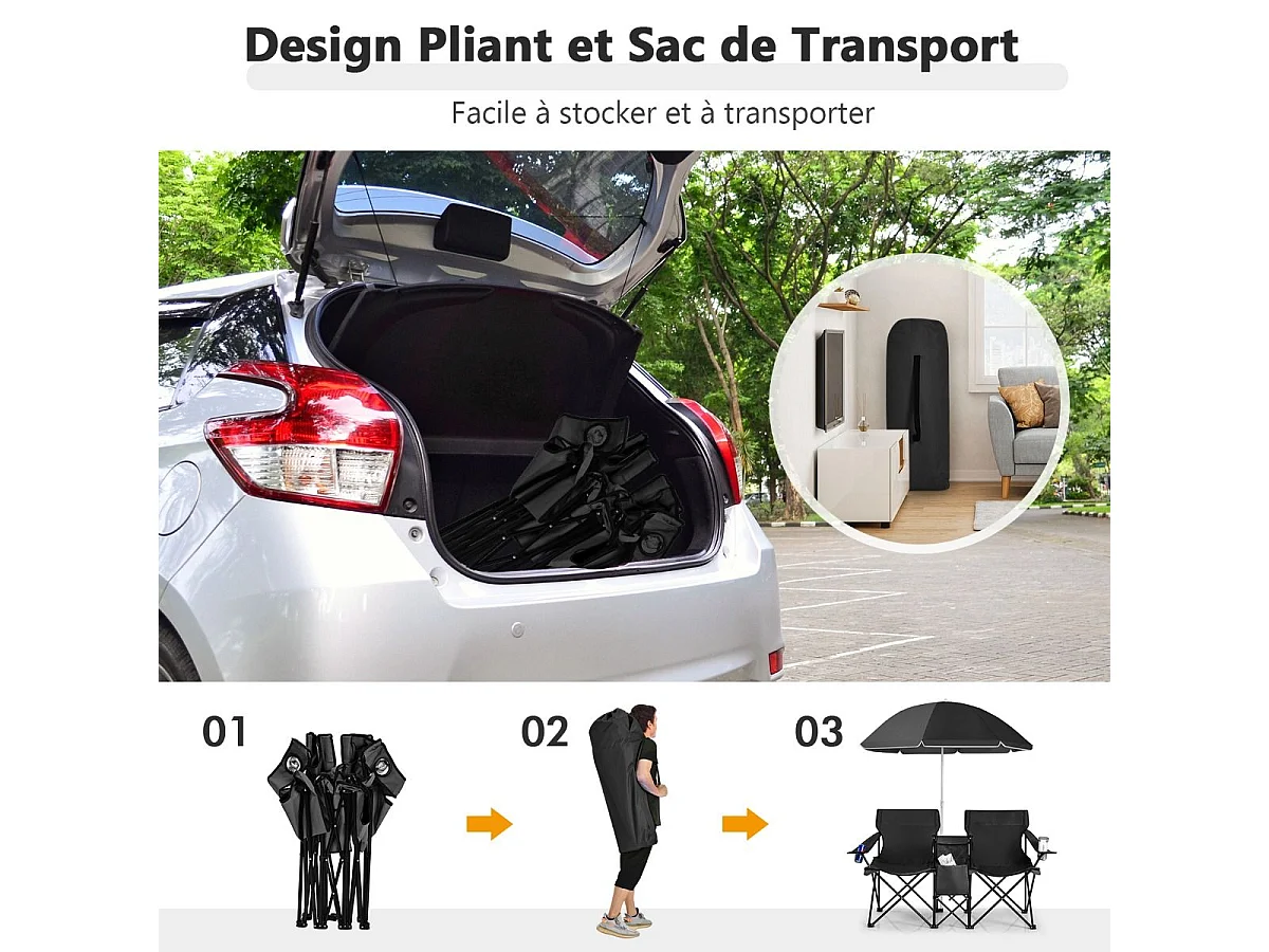 Chaise de Camping Pliante, Fauteuil de Jardin 2 Places avec Glacière, Porte-gobelet, Parasol, Sac,152x52x85CM, Charge Max 113 KG, pour Randonnée, Plage, Pêche (Noir)