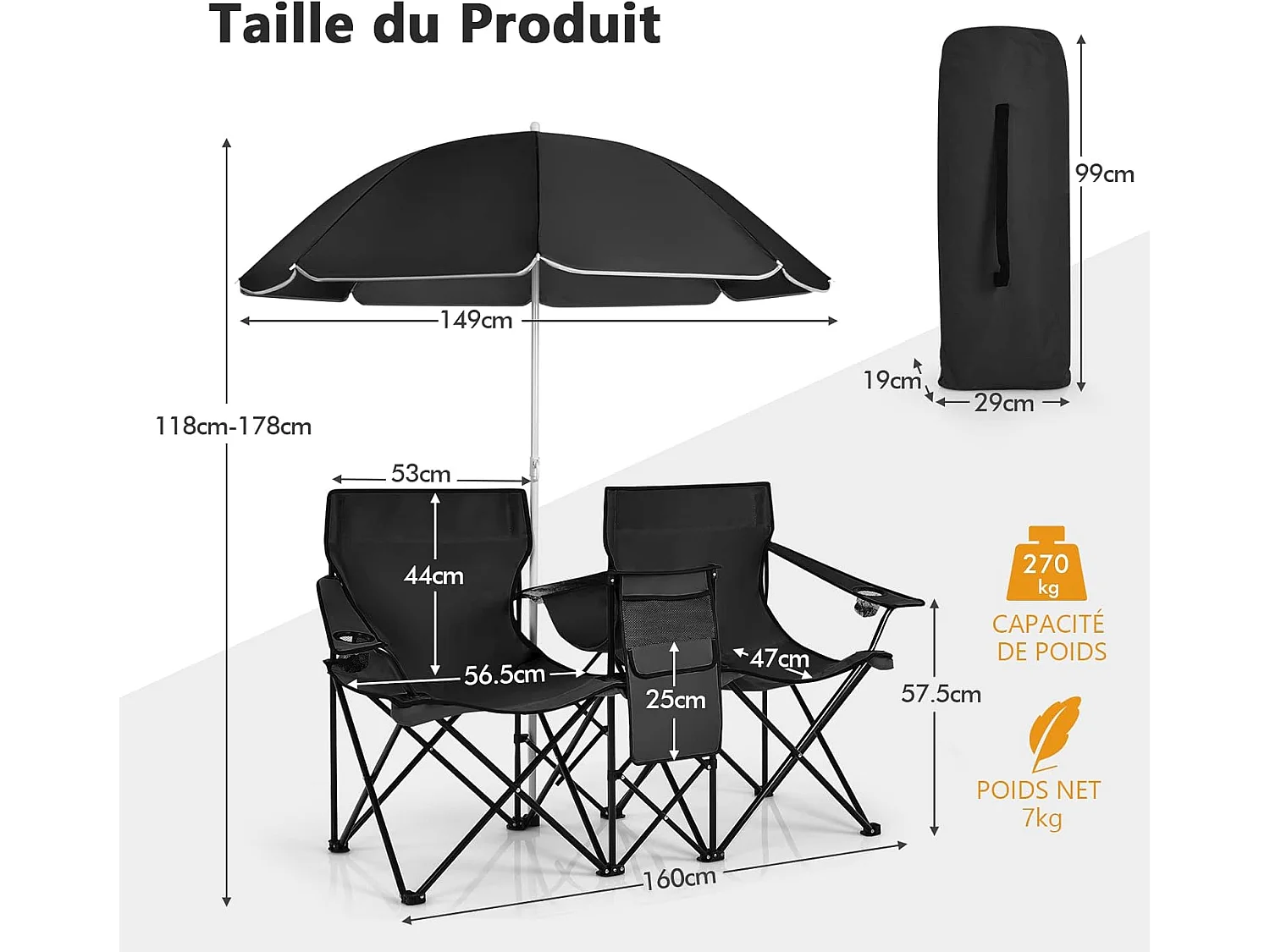 Chaise de Camping Pliante, Fauteuil de Jardin 2 Places avec Glacière, Porte-gobelet, Parasol, Sac,152x52x85CM, Charge Max 113 KG, pour Randonnée, Plage, Pêche (Noir)