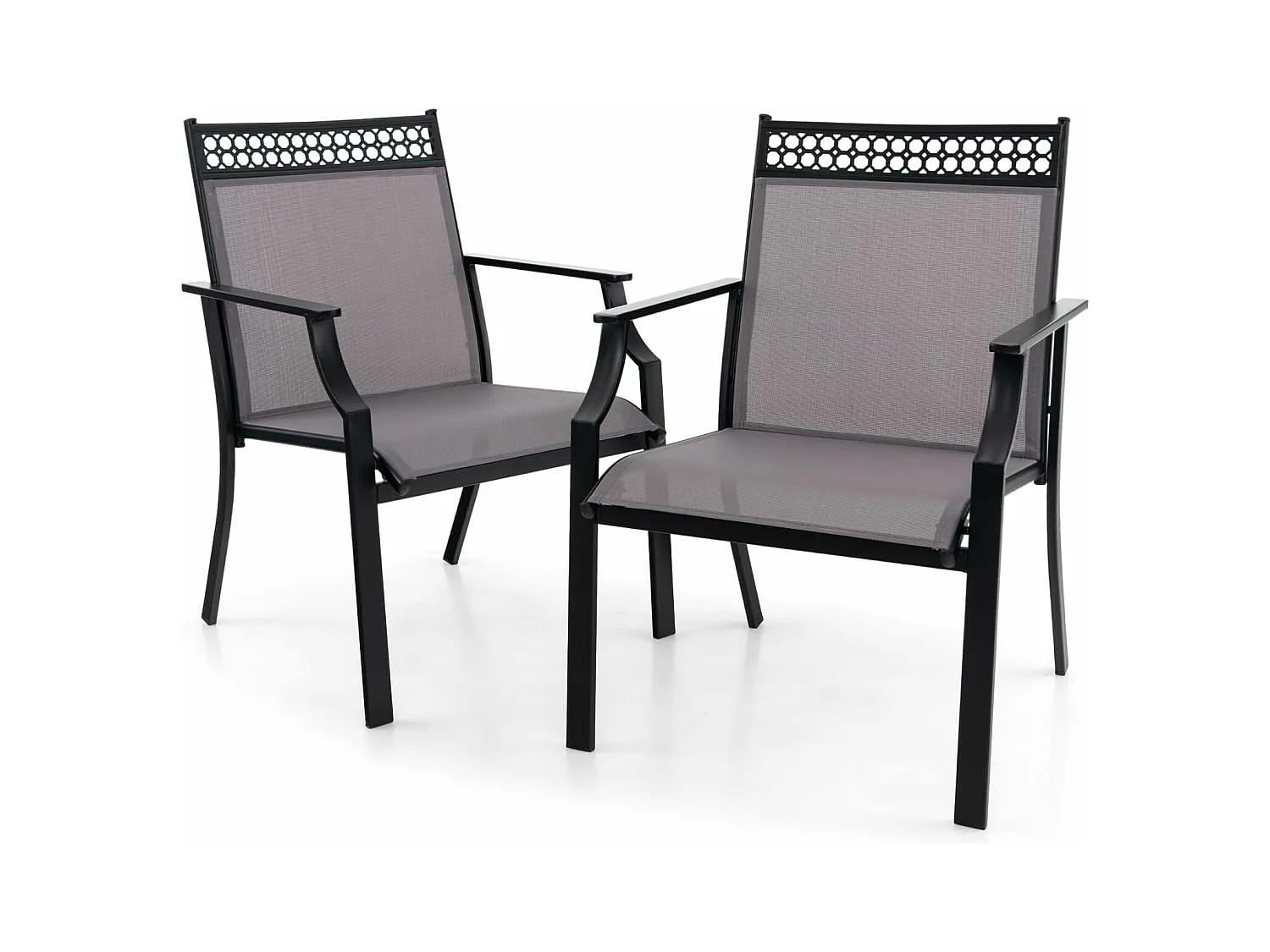 Lot de 2 Chaises de Jardin avec Cadre en Métal, Chaises à Dossier Haut en Teslin à Séchage Rapide, Fauteuil d'Extérieur pour Toutes Saisons, Charge 150 KG, pour Cour, Balcon, Piscine (Gris)