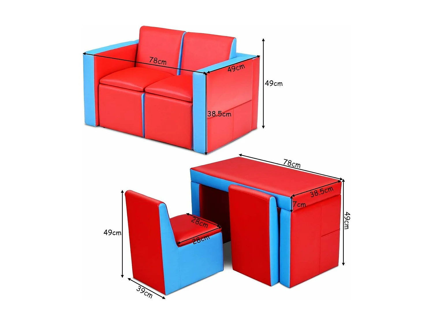 Sofa Enfant canapé lit enfant Ensemble table et chaise Enfants Transformable avec Espace de Stockage Rouge et Bleu