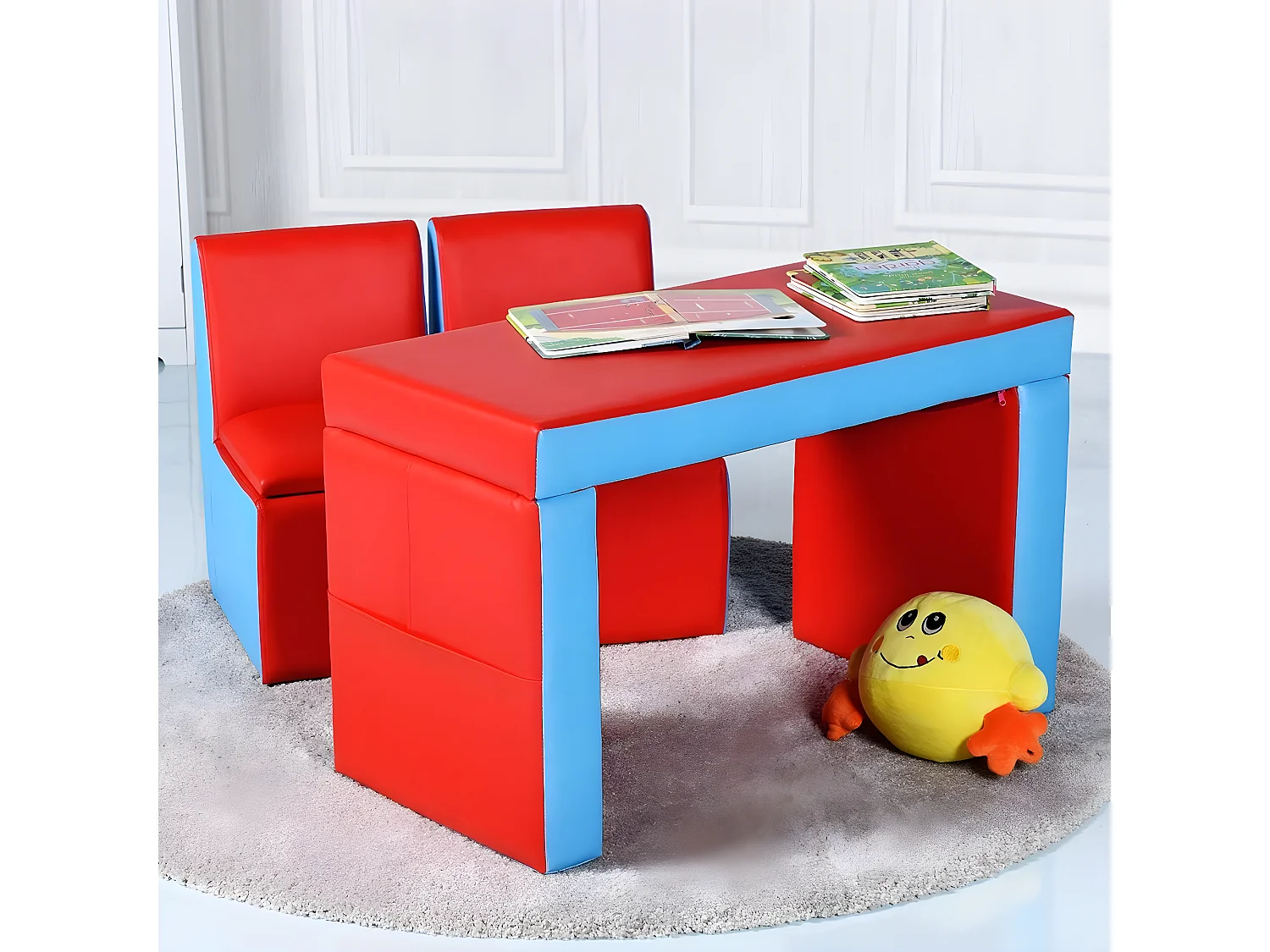 Sofa Enfant canapé lit enfant Ensemble table et chaise Enfants Transformable avec Espace de Stockage Rouge et Bleu