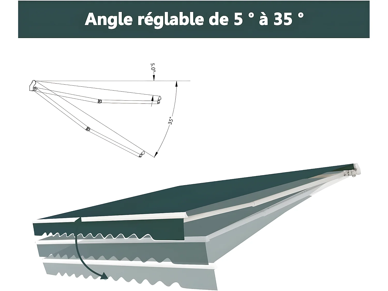 Store Banne de Balcon Rétractable avec Tissu et velours Résistant aux UV et à l'eau, Cadre en Aluminium Angle Réglable 5-35° ,3 x 2,5 m, Vert
