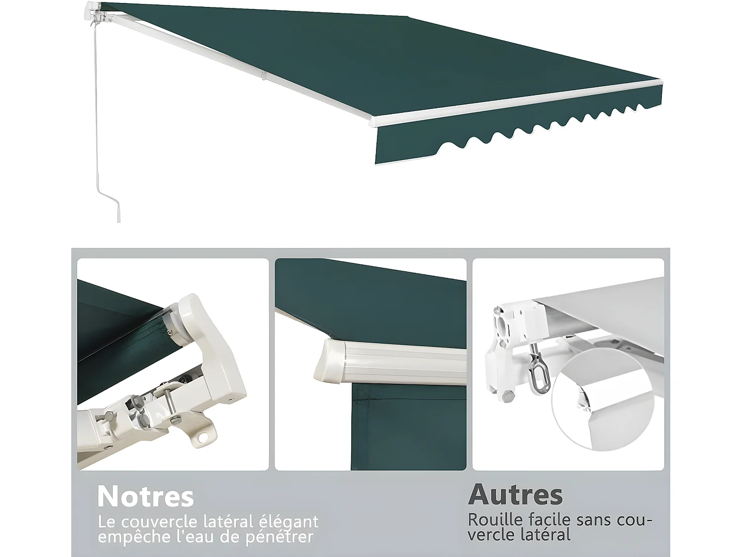 Store Banne de Balcon Rétractable avec Tissu et velours Résistant aux UV et à l'eau, Cadre en Aluminium Angle Réglable 5-35° ,3 x 2,5 m, Vert
