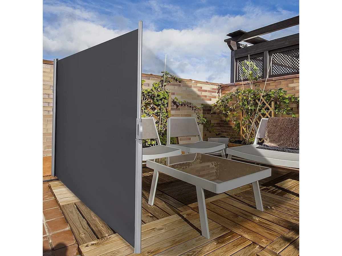 Uitschuifbaar privacyscherm 300 x 160 CM in aluminium zijzonwering voor balkon, terras, tuin, kantoor, stof en fluweel in kunststof en vinyl, grijs