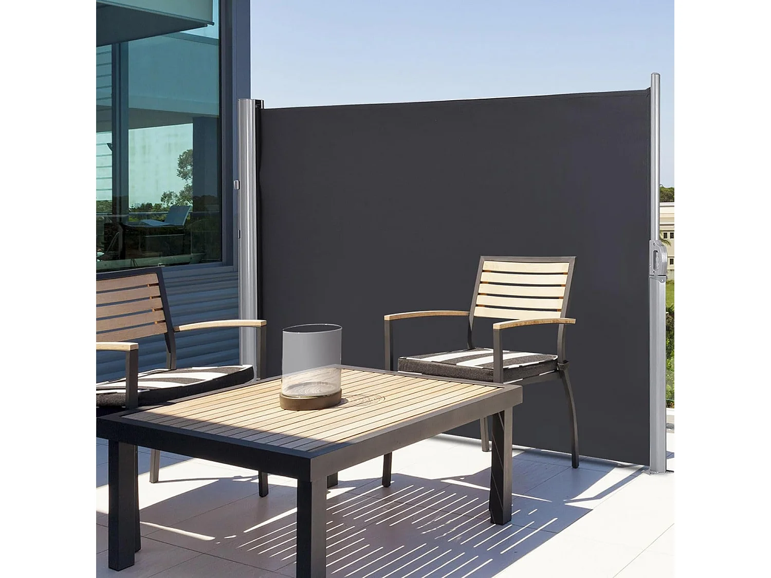 Uitschuifbaar privacyscherm 300 x 160 CM in aluminium zijzonwering voor balkon, terras, tuin, kantoor, stof en fluweel in kunststof en vinyl, grijs