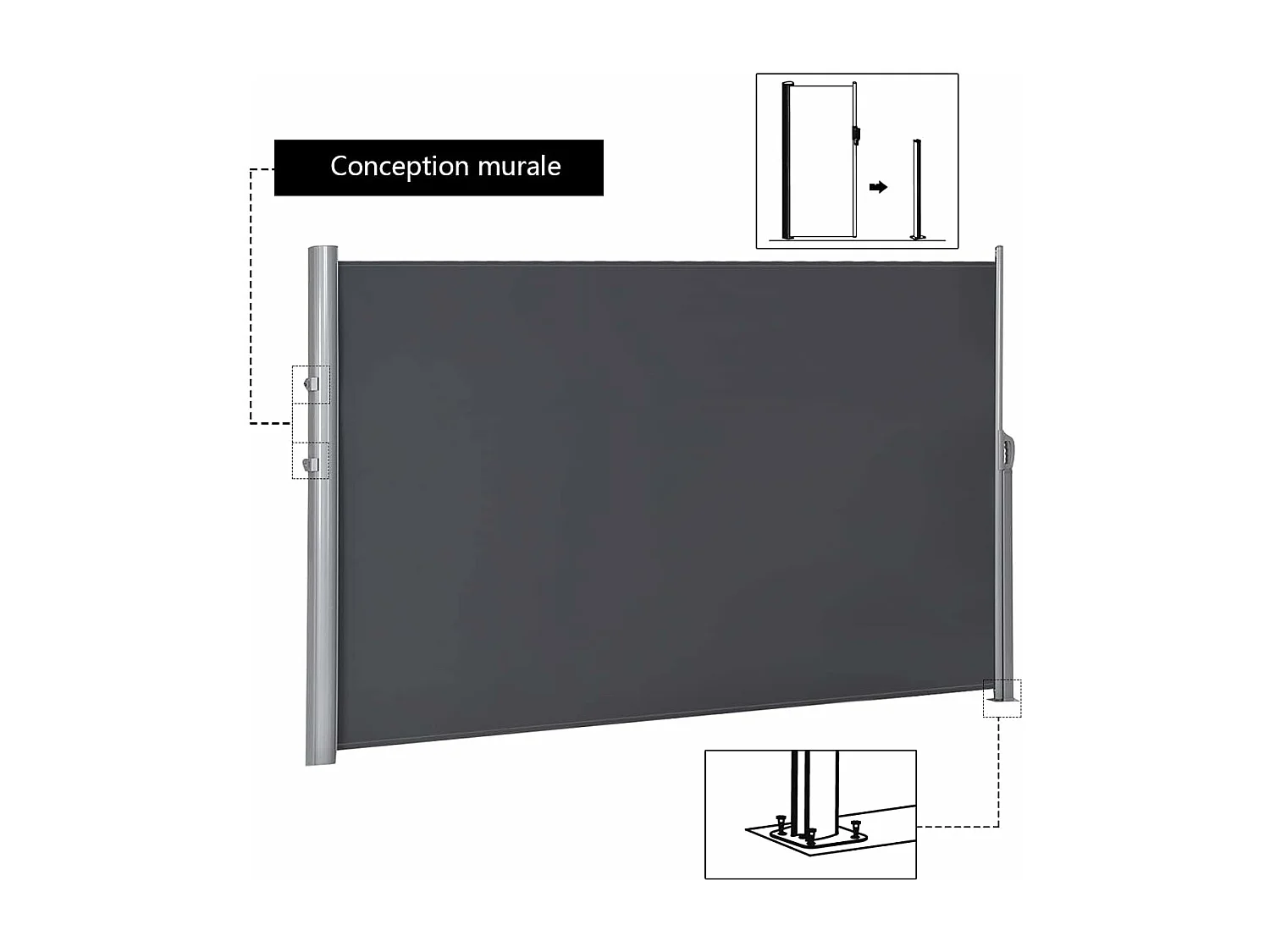Uitschuifbaar privacyscherm 300 x 160 CM in aluminium zijzonwering voor balkon, terras, tuin, kantoor, stof en fluweel in kunststof en vinyl, grijs