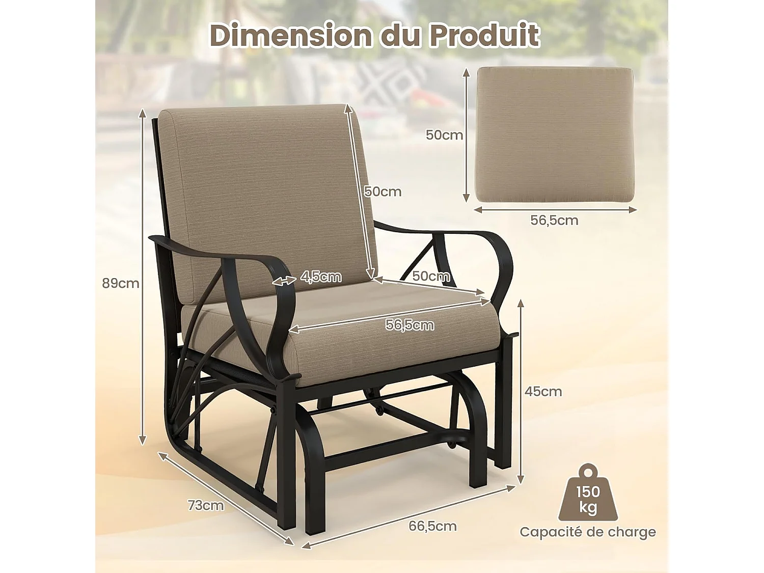 Chaise à Bascule de Jardin avec Coussin, Fauteuil à Bascule en Métal avec Accoudoirs Incurvés, Chaise Berçante Ergonomique, pour Jardin, Cour, Porche, Terrasse