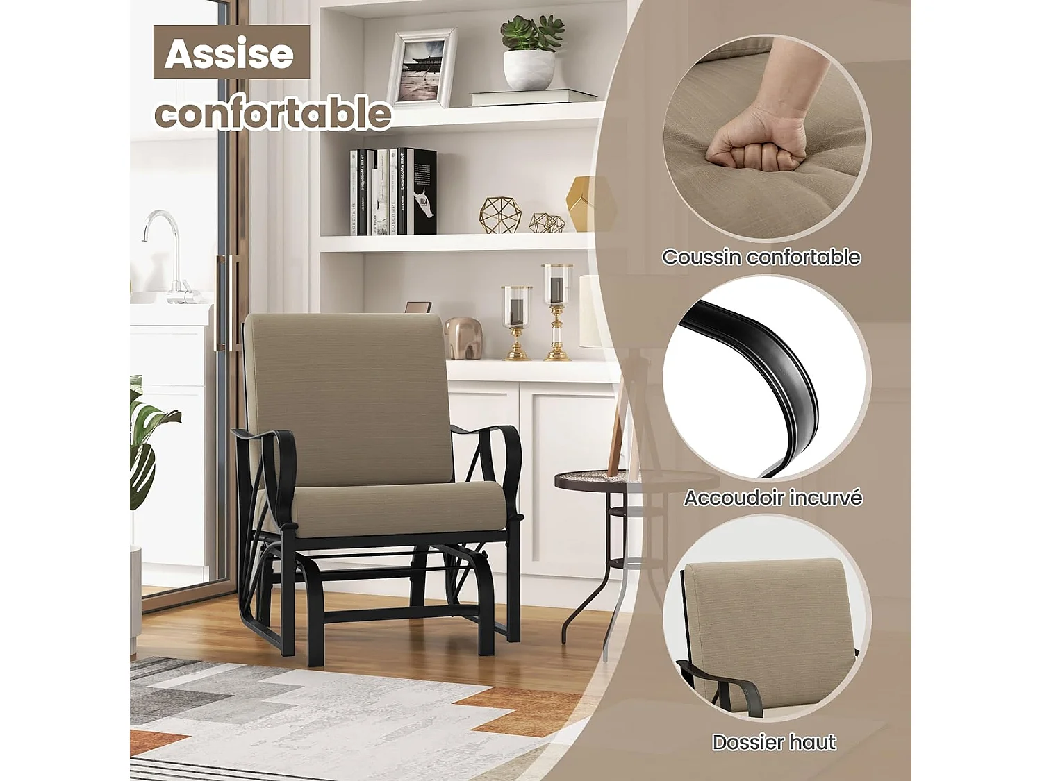 Chaise à Bascule de Jardin avec Coussin, Fauteuil à Bascule en Métal avec Accoudoirs Incurvés, Chaise Berçante Ergonomique, pour Jardin, Cour, Porche, Terrasse