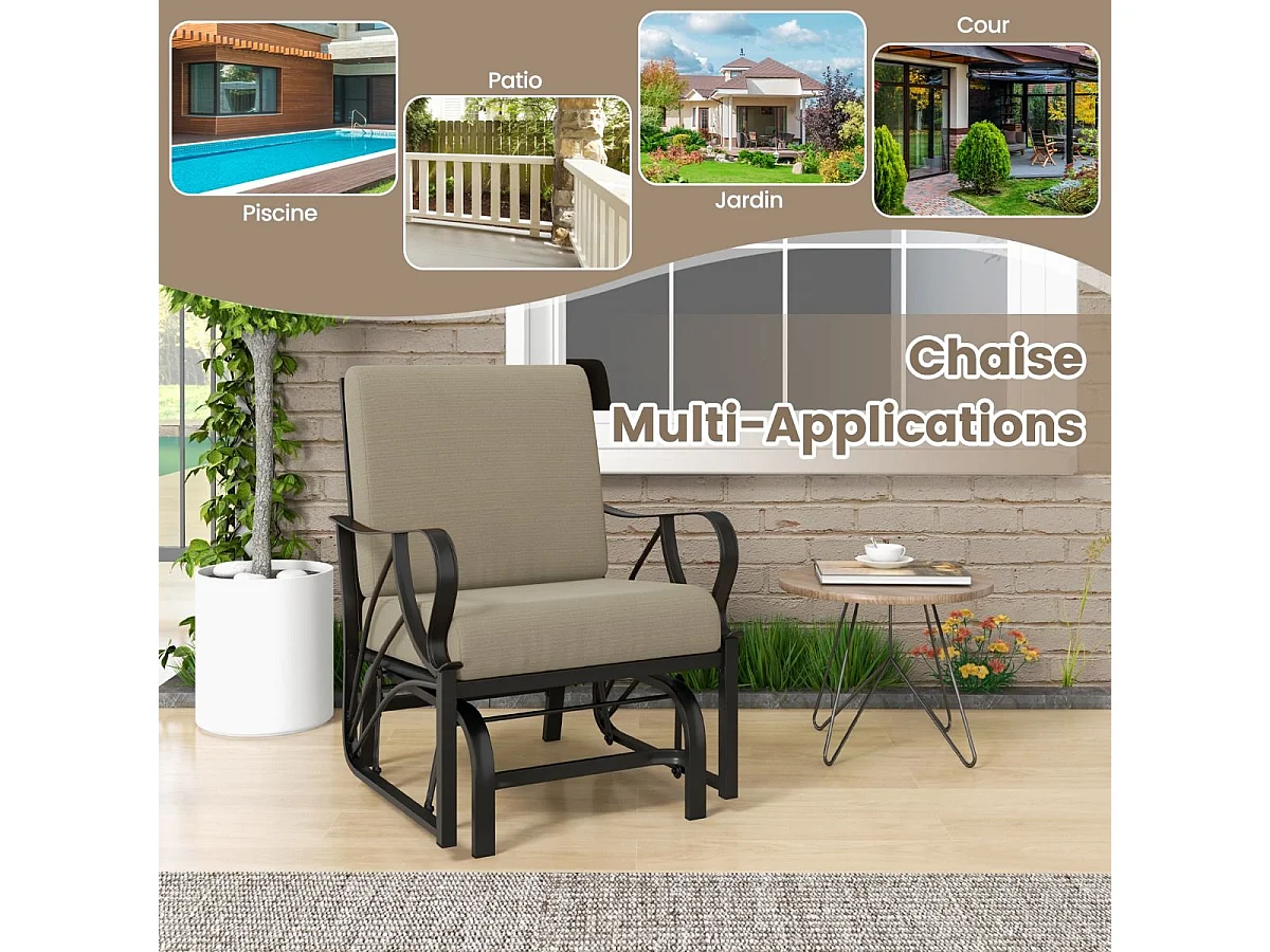 Chaise à Bascule de Jardin avec Coussin, Fauteuil à Bascule en Métal avec Accoudoirs Incurvés, Chaise Berçante Ergonomique, pour Jardin, Cour, Porche, Terrasse