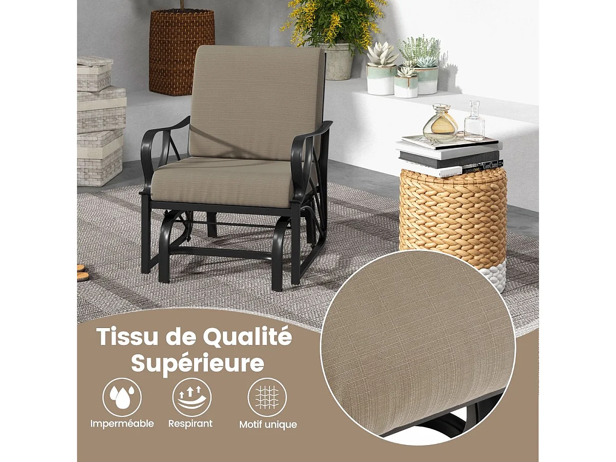 Chaise à Bascule de Jardin avec Coussin, Fauteuil à Bascule en Métal avec Accoudoirs Incurvés, Chaise Berçante Ergonomique, pour Jardin, Cour, Porche, Terrasse