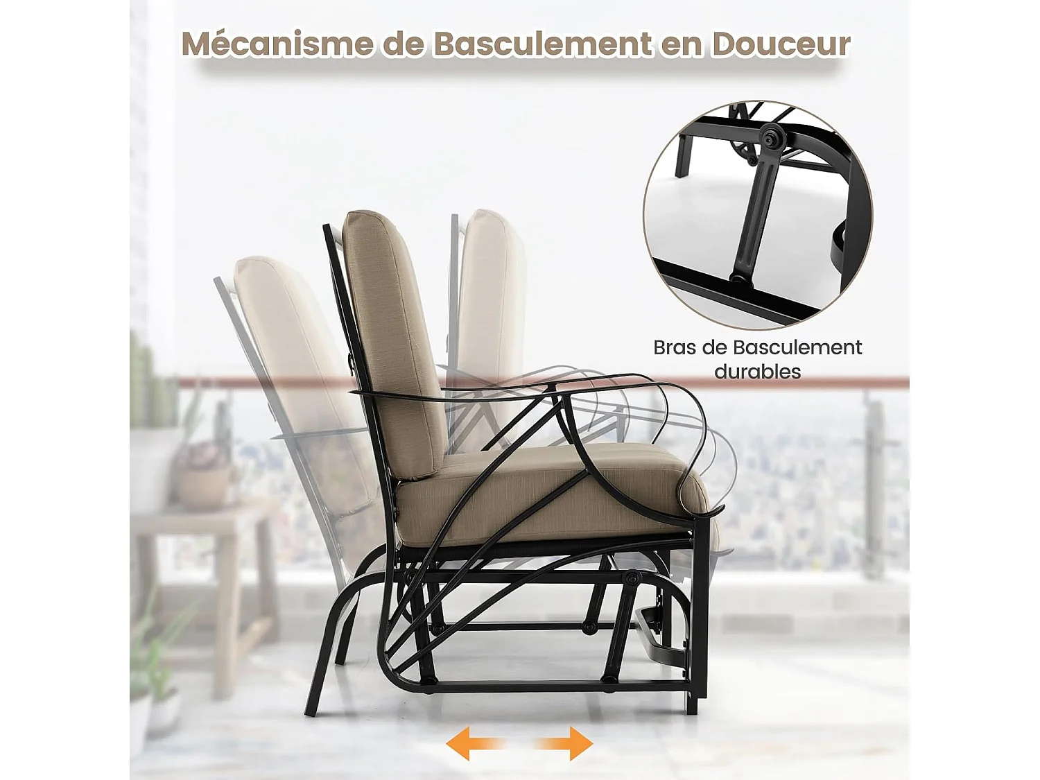 Chaise à Bascule de Jardin avec Coussin, Fauteuil à Bascule en Métal avec Accoudoirs Incurvés, Chaise Berçante Ergonomique, pour Jardin, Cour, Porche, Terrasse