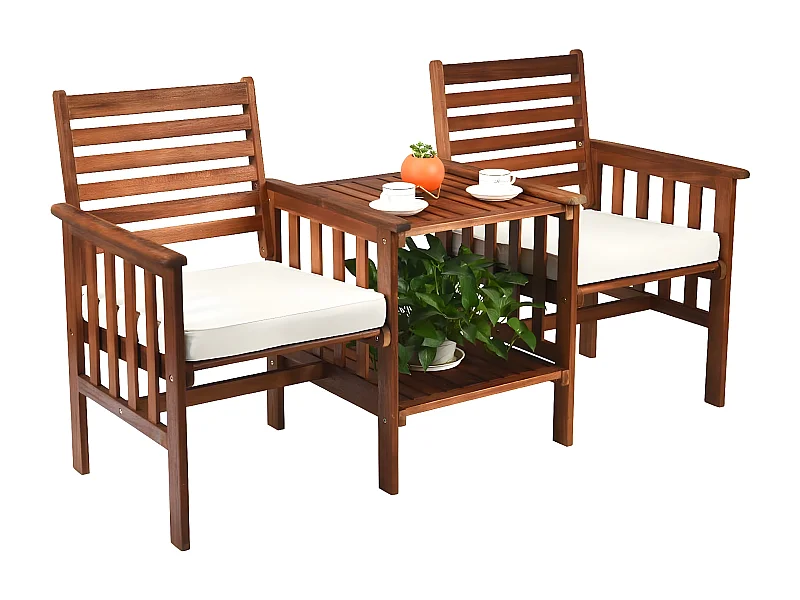 Salon de Jardin en en Bois d'Acacia Certifié FSC, Charge 160KG, Banc de Jardin 2 Places et Table Extérieur avec Trou de Parasol de 5CM