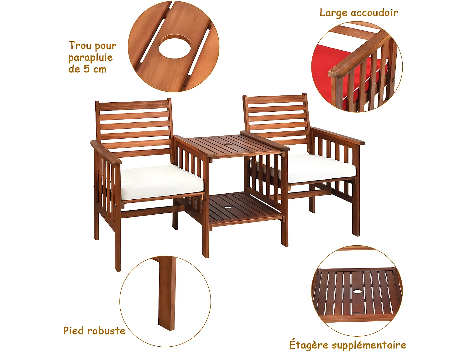 Salon de Jardin en en Bois d'Acacia Certifié FSC, Charge 160KG, Banc de Jardin 2 Places et Table Extérieur avec Trou de Parasol de 5CM