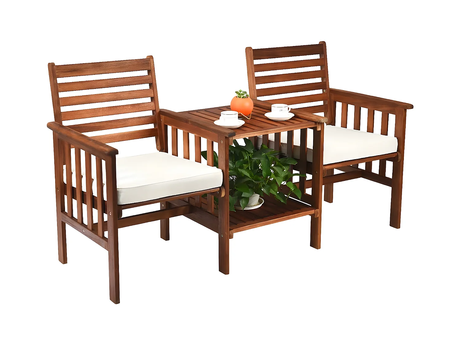 Salon de Jardin en en Bois d'Acacia Certifié FSC, Charge 160KG, Banc de Jardin 2 Places et Table Extérieur avec Trou de Parasol de 5CM