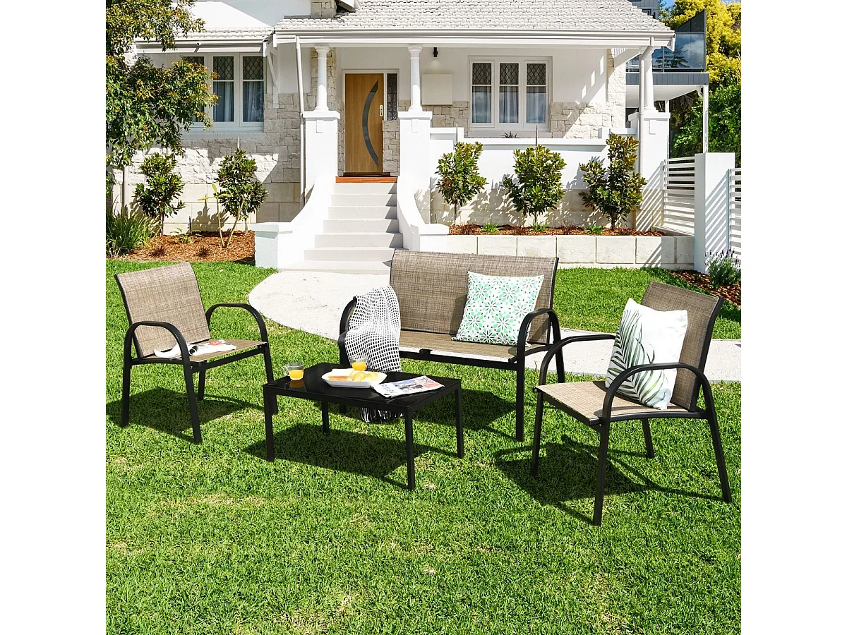 Ensemble Salon de Jardin 4 Pièces en Métal, Ensemble de Meubles de Patio 1 Causeuse 2 Chaises 1 Table Basse en Verre, pour Jardin Terrasse Piscine (Marron)