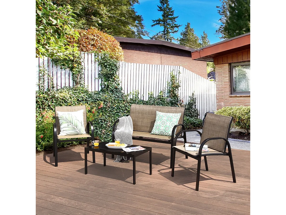 Ensemble Salon de Jardin 4 Pièces en Métal, Ensemble de Meubles de Patio 1 Causeuse 2 Chaises 1 Table Basse en Verre, pour Jardin Terrasse Piscine (Marron)