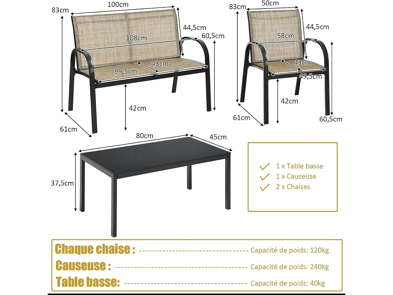 Ensemble Salon de Jardin 4 Pièces en Métal, Ensemble de Meubles de Patio 1 Causeuse 2 Chaises 1 Table Basse en Verre, pour Jardin Terrasse Piscine (Marron)