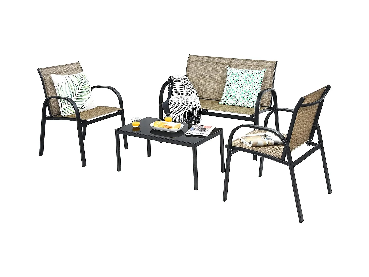 Ensemble Salon de Jardin 4 Pièces en Métal, Ensemble de Meubles de Patio 1 Causeuse 2 Chaises 1 Table Basse en Verre, pour Jardin Terrasse Piscine (Marron)