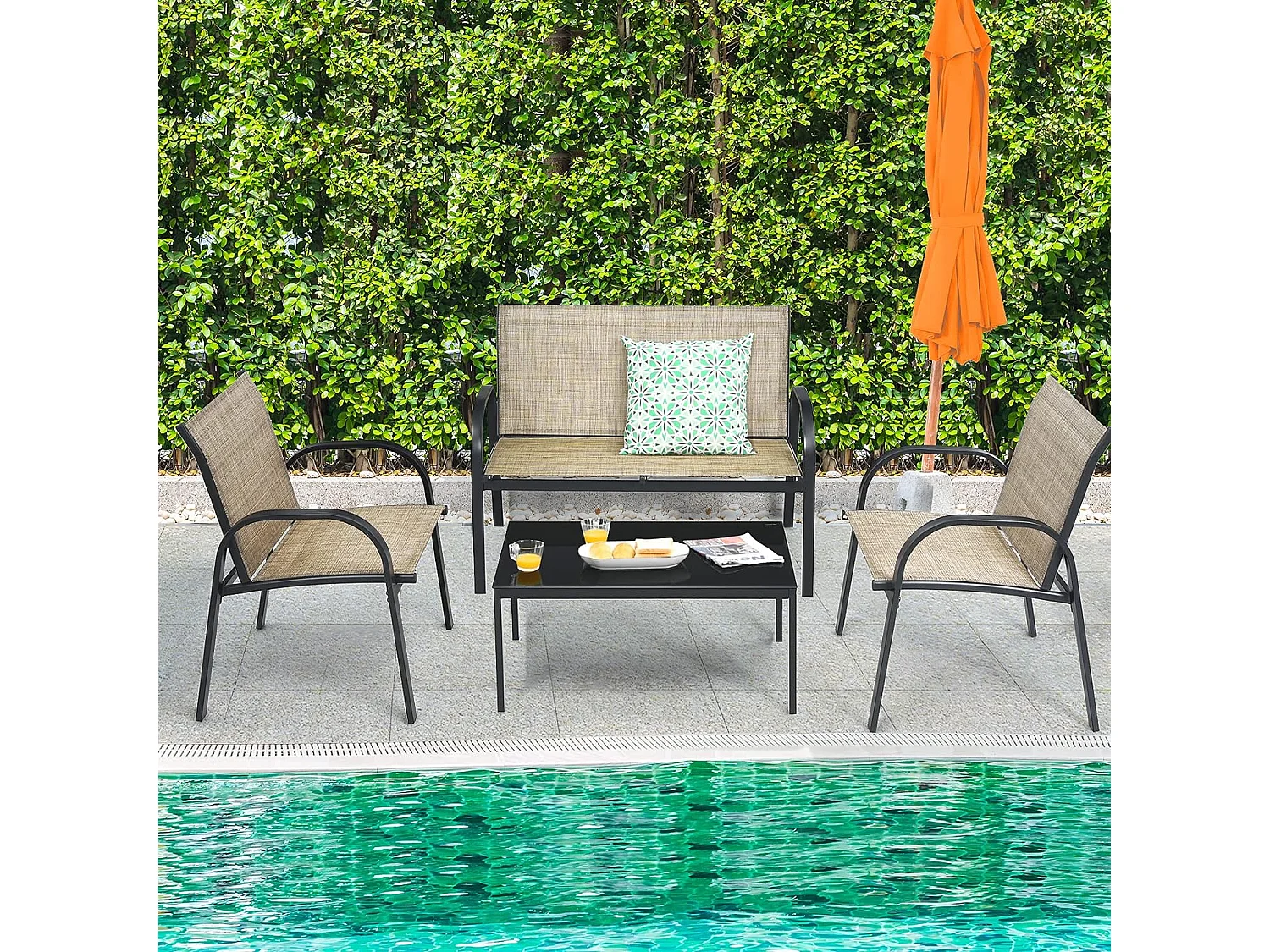 Ensemble Salon de Jardin 4 Pièces en Métal, Ensemble de Meubles de Patio 1 Causeuse 2 Chaises 1 Table Basse en Verre, pour Jardin Terrasse Piscine (Marron)