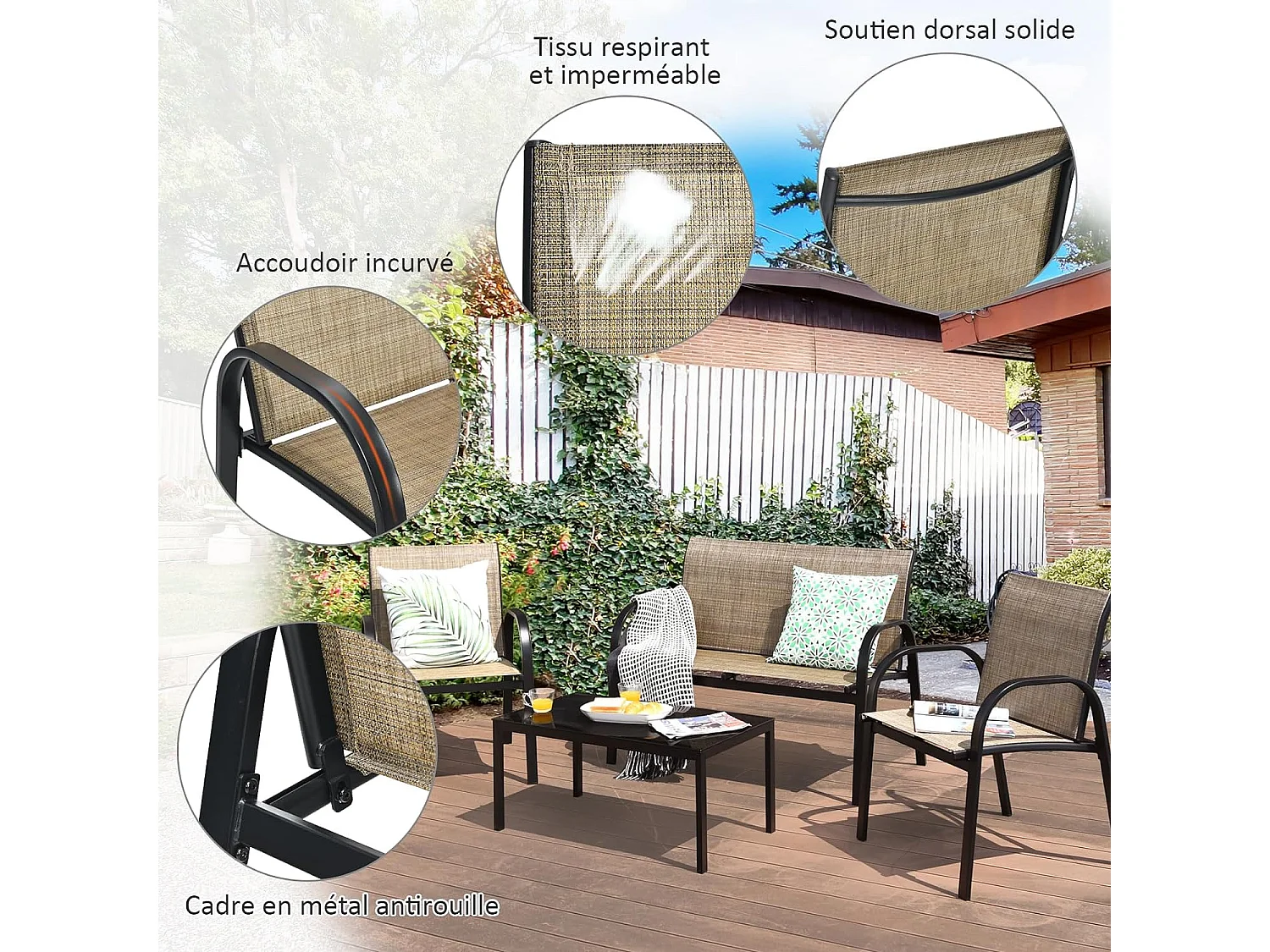 Ensemble Salon de Jardin 4 Pièces en Métal, Ensemble de Meubles de Patio 1 Causeuse 2 Chaises 1 Table Basse en Verre, pour Jardin Terrasse Piscine (Marron)