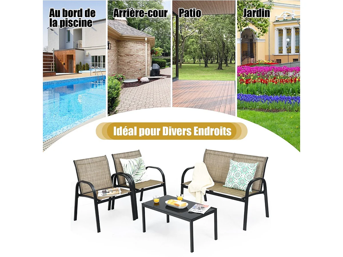Ensemble Salon de Jardin 4 Pièces en Métal, Ensemble de Meubles de Patio 1 Causeuse 2 Chaises 1 Table Basse en Verre, pour Jardin Terrasse Piscine (Marron)
