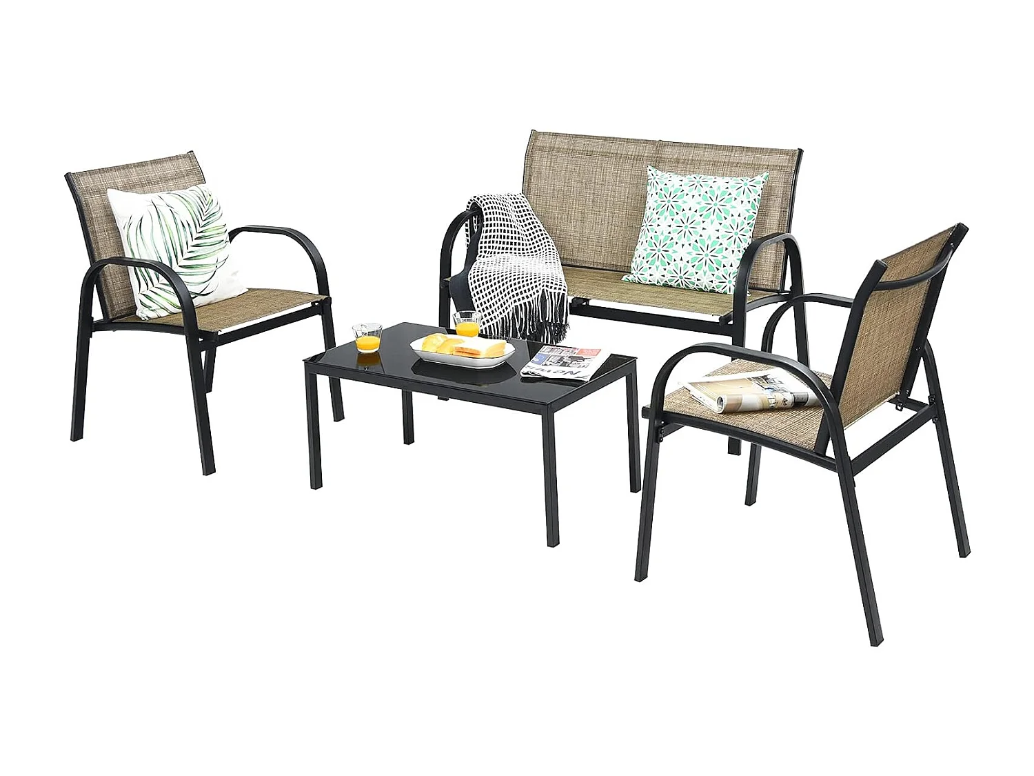 Ensemble Salon de Jardin 4 Pièces en Métal, Ensemble de Meubles de Patio 1 Causeuse 2 Chaises 1 Table Basse en Verre, pour Jardin Terrasse Piscine (Marron)