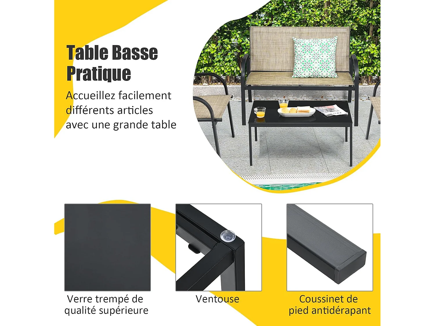 Ensemble Salon de Jardin 4 Pièces en Métal, Ensemble de Meubles de Patio 1 Causeuse 2 Chaises 1 Table Basse en Verre, pour Jardin Terrasse Piscine (Marron)