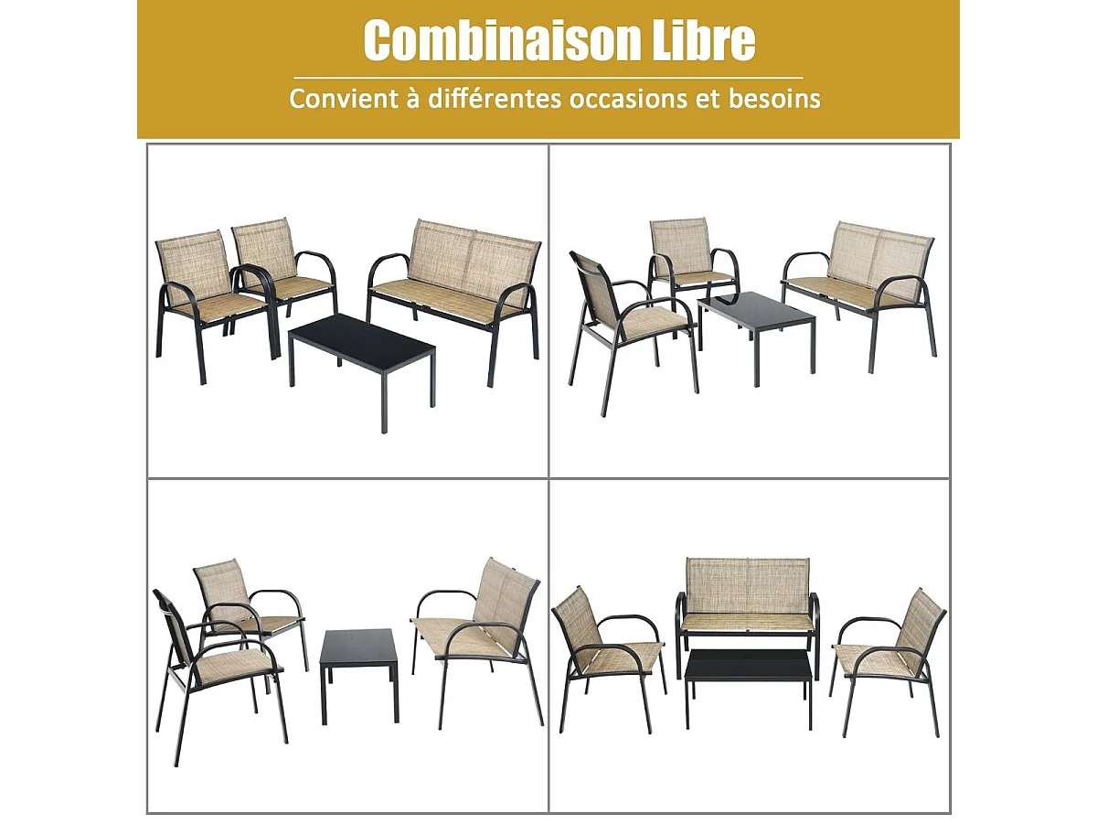 Ensemble Salon de Jardin 4 Pièces en Métal, Ensemble de Meubles de Patio 1 Causeuse 2 Chaises 1 Table Basse en Verre, pour Jardin Terrasse Piscine (Marron)