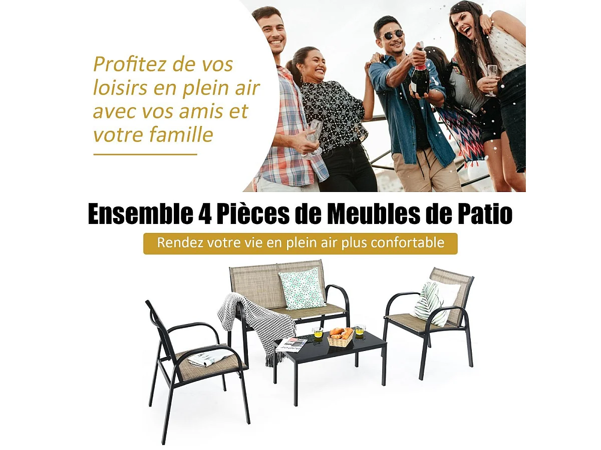 Ensemble Salon de Jardin 4 Pièces en Métal, Ensemble de Meubles de Patio 1 Causeuse 2 Chaises 1 Table Basse en Verre, pour Jardin Terrasse Piscine (Marron)
