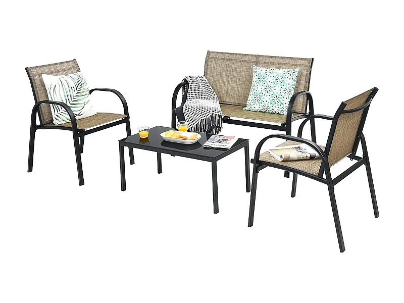 Ensemble Salon de Jardin 4 Pièces en Métal, Ensemble de Meubles de Patio 1 Causeuse 2 Chaises 1 Table Basse en Verre, pour Jardin Terrasse Piscine (Marron)