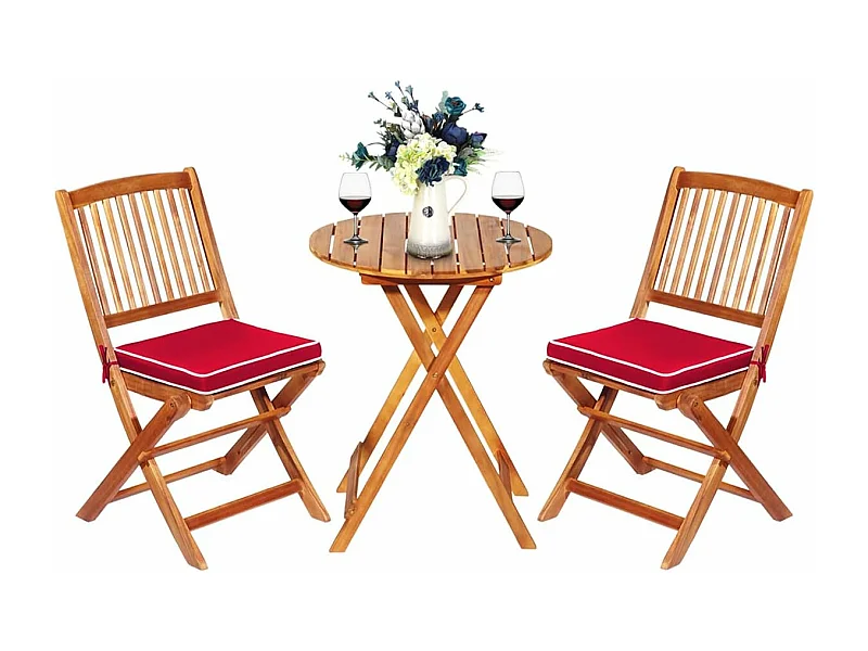 Ensemble de Table et 2 Chaises en Bois d’Acacia, Coussins Rembourrés, Ensemble de Mobilier de Jardin pour Intérieur et Extérieur (Rouge+Naturel)