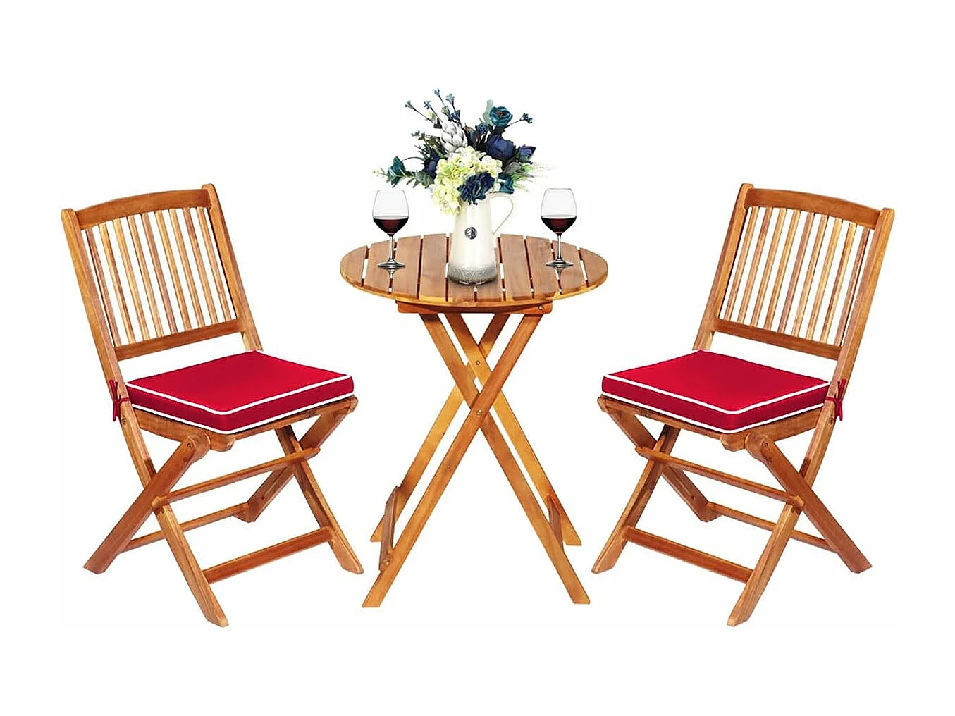 Ensemble de Table et 2 Chaises en Bois d’Acacia, Coussins Rembourrés, Ensemble de Mobilier de Jardin pour Intérieur et Extérieur (Rouge+Naturel)