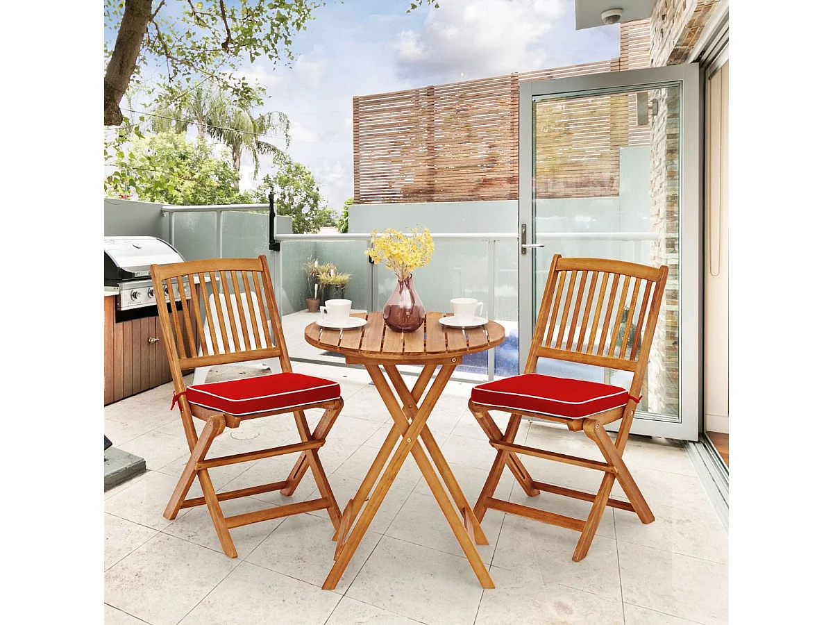 Ensemble de Table et 2 Chaises en Bois d’Acacia, Coussins Rembourrés, Ensemble de Mobilier de Jardin pour Intérieur et Extérieur (Rouge+Naturel)