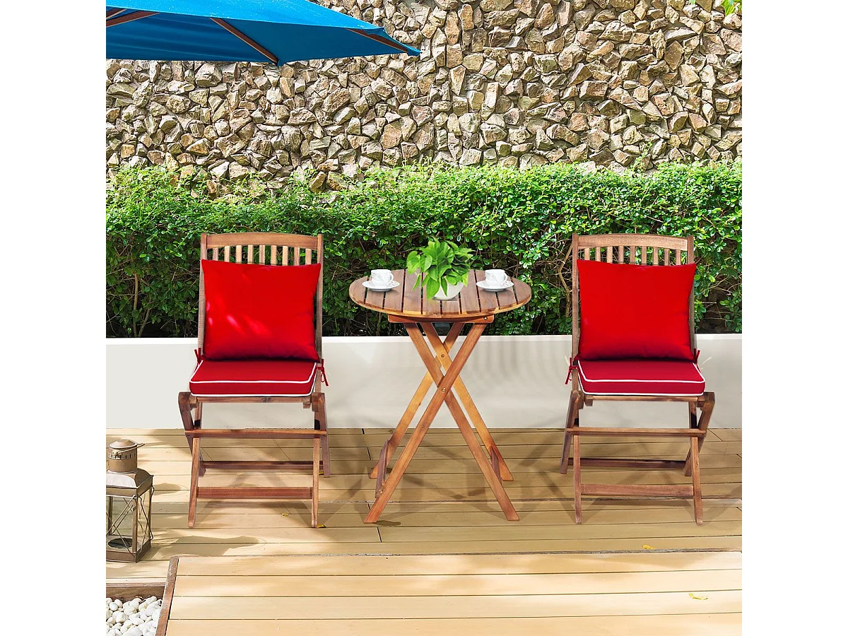 Ensemble de Table et 2 Chaises en Bois d’Acacia, Coussins Rembourrés, Ensemble de Mobilier de Jardin pour Intérieur et Extérieur (Rouge+Naturel)