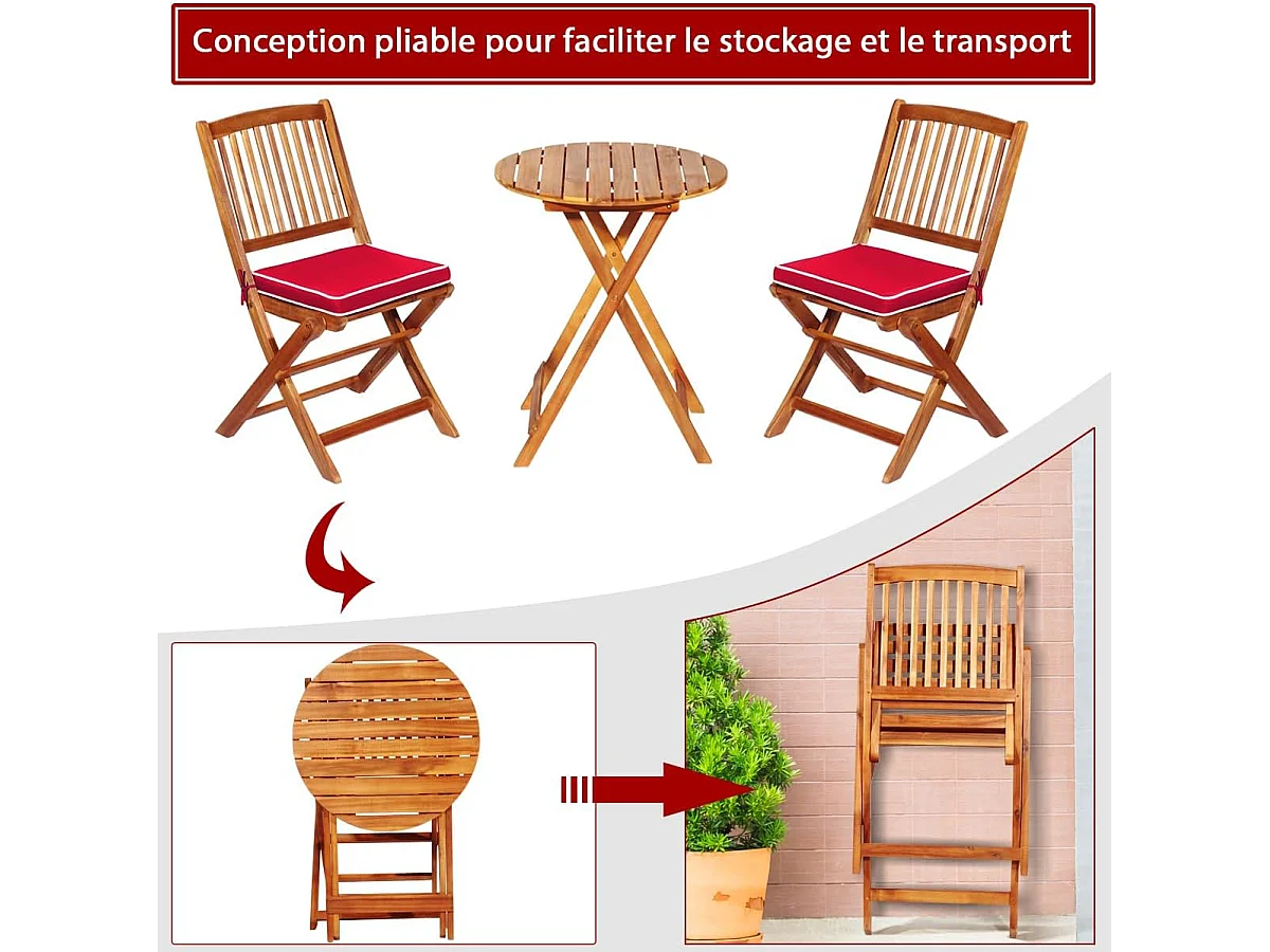Ensemble de Table et 2 Chaises en Bois d’Acacia, Coussins Rembourrés, Ensemble de Mobilier de Jardin pour Intérieur et Extérieur (Rouge+Naturel)