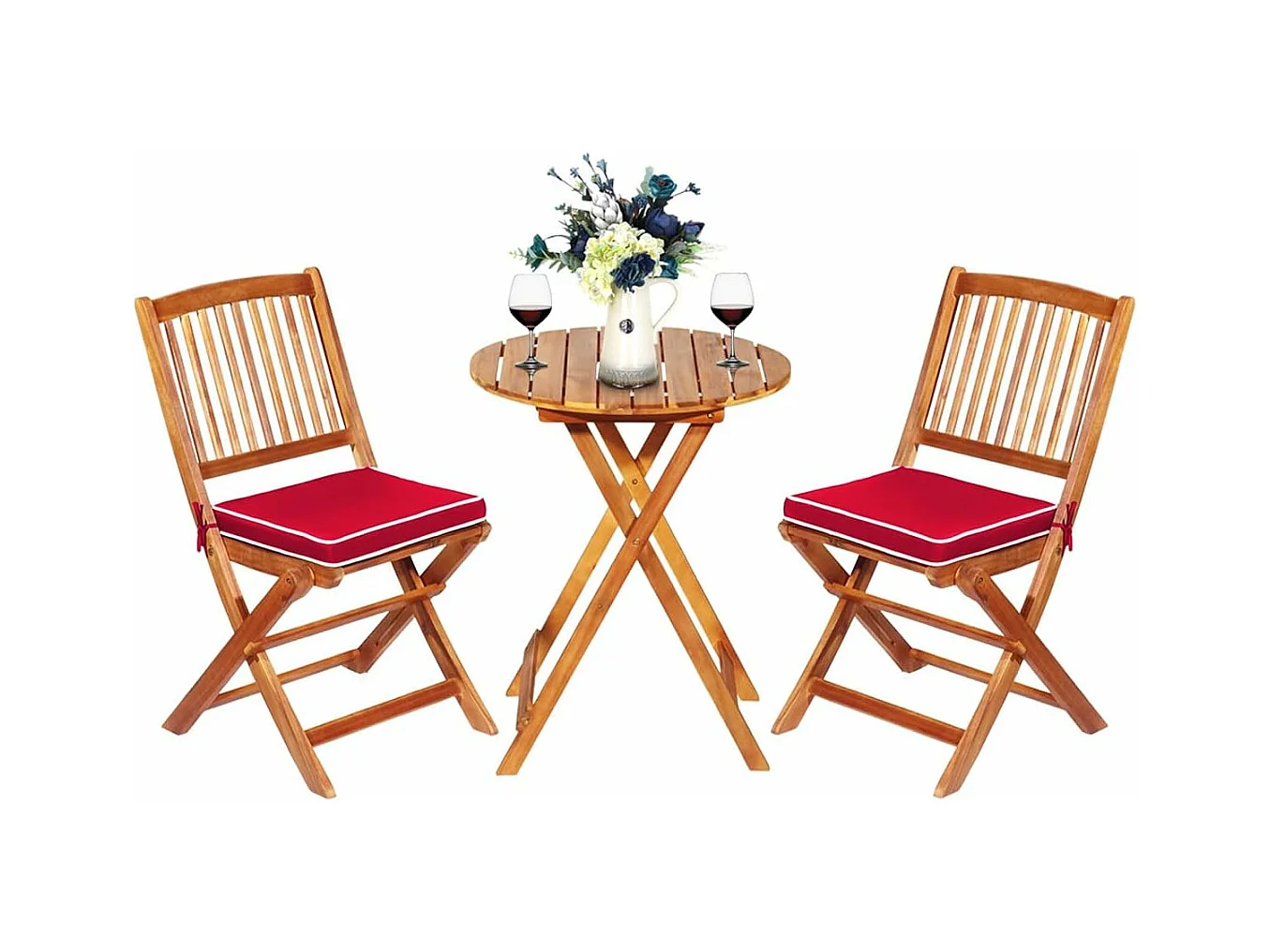 Ensemble de Table et 2 Chaises en Bois d’Acacia, Coussins Rembourrés, Ensemble de Mobilier de Jardin pour Intérieur et Extérieur (Rouge+Naturel)