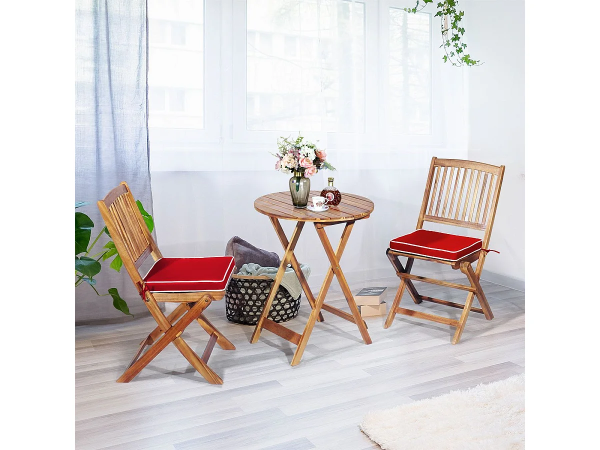Ensemble de Table et 2 Chaises en Bois d’Acacia, Coussins Rembourrés, Ensemble de Mobilier de Jardin pour Intérieur et Extérieur (Rouge+Naturel)