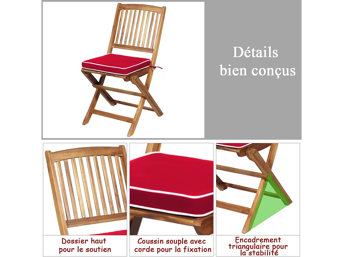 Ensemble de Table et 2 Chaises en Bois d’Acacia, Coussins Rembourrés, Ensemble de Mobilier de Jardin pour Intérieur et Extérieur (Rouge+Naturel)
