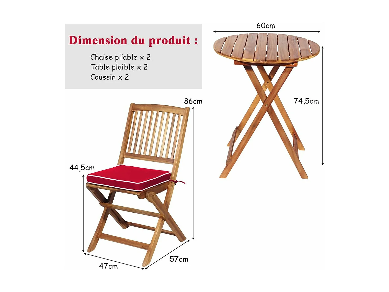 Ensemble de Table et 2 Chaises en Bois d’Acacia, Coussins Rembourrés, Ensemble de Mobilier de Jardin pour Intérieur et Extérieur (Rouge+Naturel)
