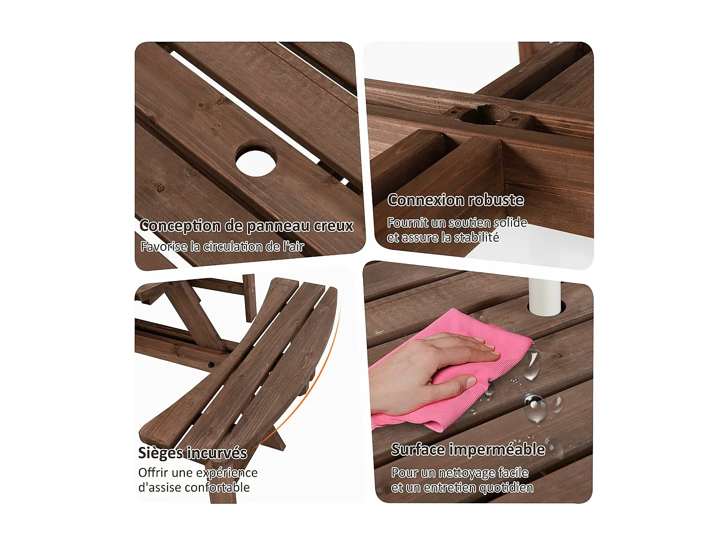 Ensemble Table de Pique-Nique en Bois avec Trou de Parasol, Set Table et Banc Jardin Résistant aux Intempéries Chaque Banc Charge 225 KG pour 8 Personnes, pour Patio Pelouse