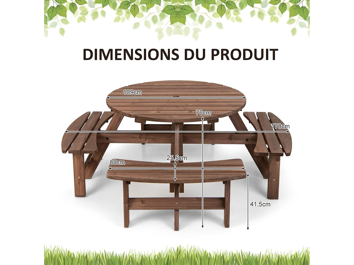 Ensemble Table de Pique-Nique en Bois avec Trou de Parasol, Set Table et Banc Jardin Résistant aux Intempéries Chaque Banc Charge 225 KG pour 8 Personnes, pour Patio Pelouse