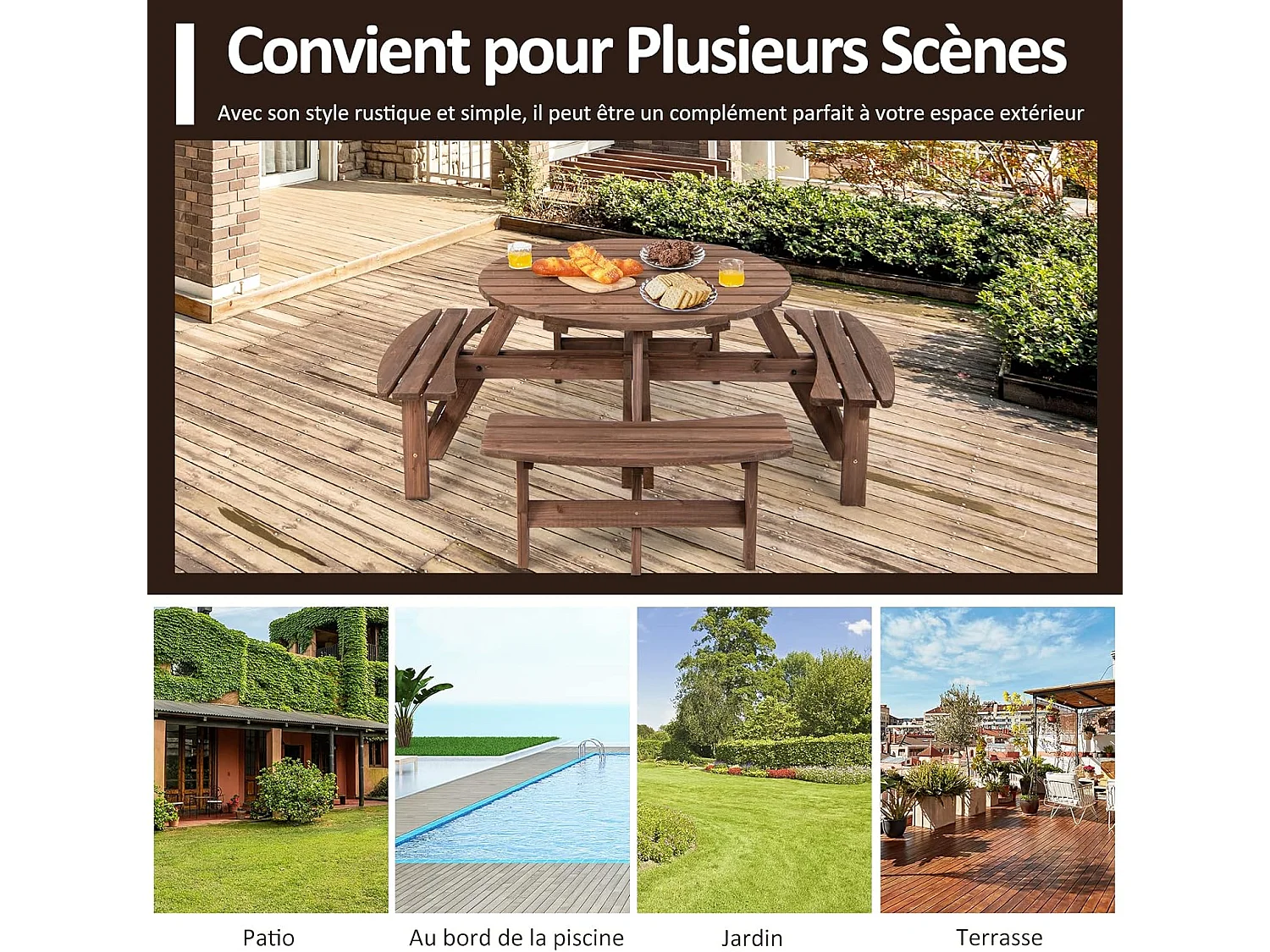 Ensemble Table de Pique-Nique en Bois avec Trou de Parasol, Set Table et Banc Jardin Résistant aux Intempéries Chaque Banc Charge 225 KG pour 8 Personnes, pour Patio Pelouse